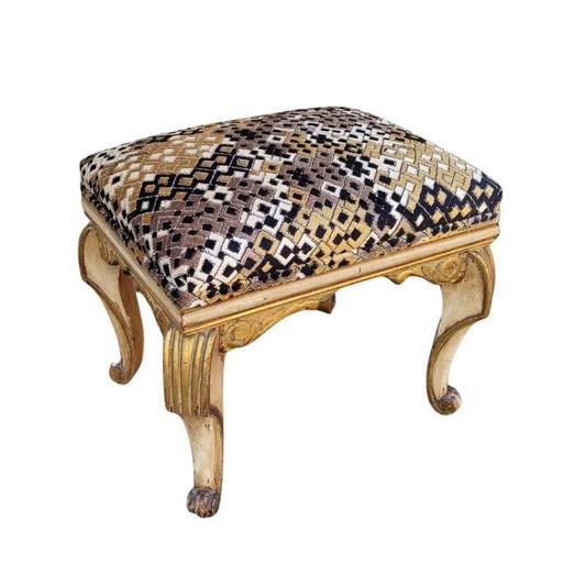 Banqueta / escabel / otomana, madera tallada y dorada, tapizado Pierre Frey, Mid-century, 70’s – Italia