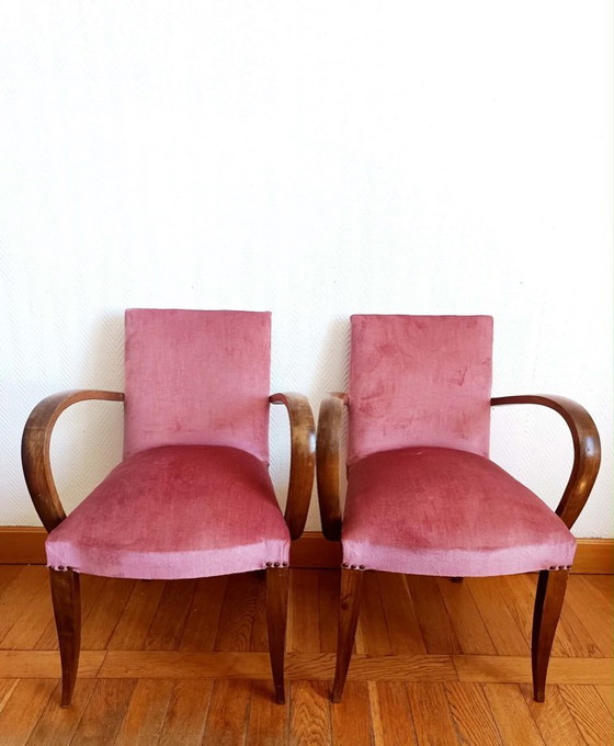 Image 1 of 2x Art Deco roze fluwelen fauteuils met snormotief