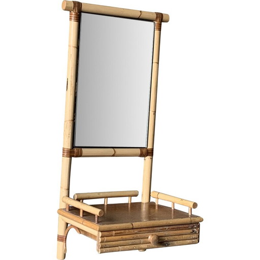 Miroir mural vintage avec 1 tiroir en rotin