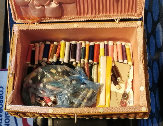 Image 1 of Lovely Vintage Wicker Sewing Basket With Contents (W33cm/H17cm/D23cm)