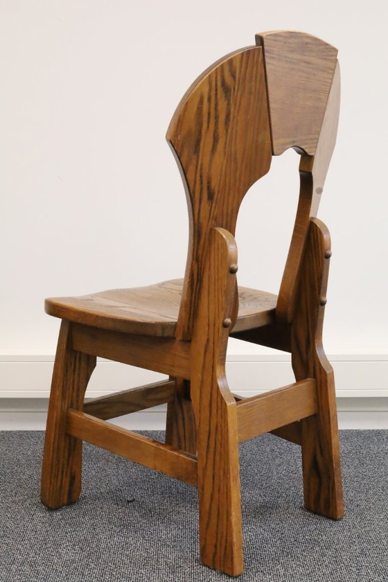 Image 1 of Set di 8 sedie da pranzo brutaliste in legno, anni '70