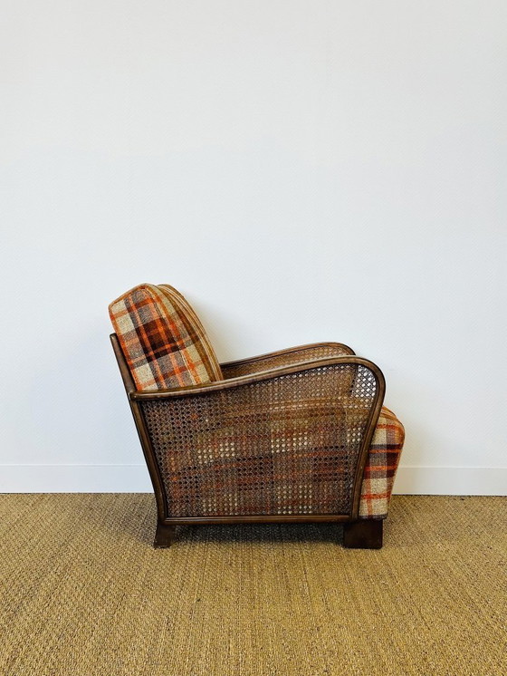 Image 1 of Vintage fauteuil van gebogen hout, rieten frame en geruite stof, 1960