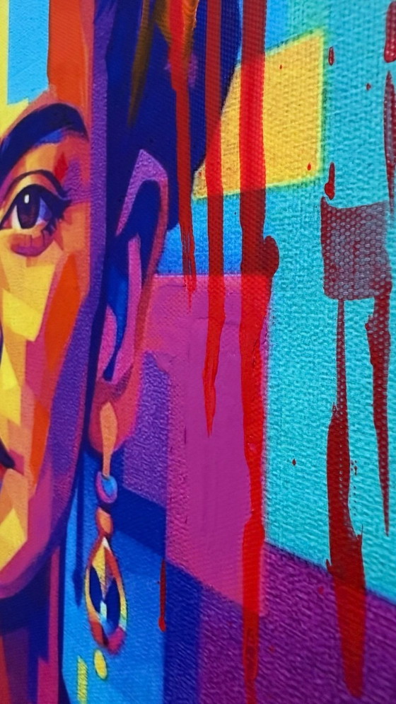Image 1 of Azzurra Lo Bello - Frida Kahlo - Iconisch pop-geometrisch portret - Hedendaagse pop-art - Gemengde technieken op canvas