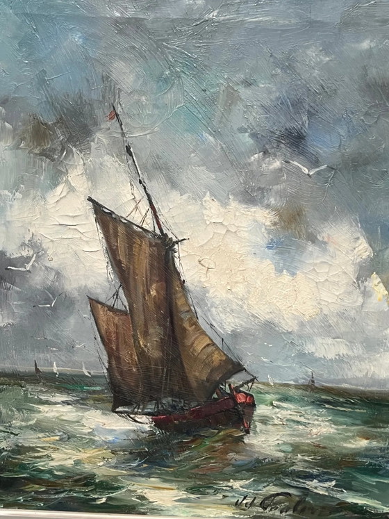 J.J. Coulon. "Marine Landscape." Oil on canvas. – Paintings & Drawings, Mid Century Modern (photo 3 of 8)