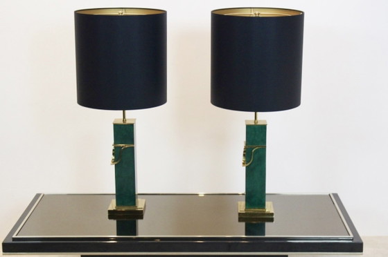 Coppia di Lampade da tavolo Mid Century Moderne in ottone e verde, Dorato (foto 3 di 8)