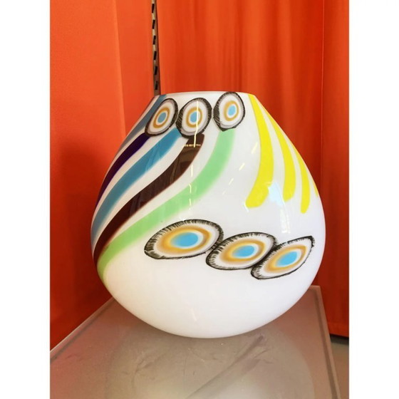 Image 1 of Milky-White Murano Glass Style Table Lamp Featuring Multicolored Reeds Vase