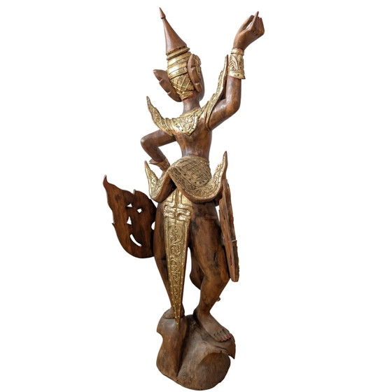 Grande Kinnara birmane sculptée à la main – Bois dur doré et incrustations de verre – 112 cm – Sculptures (photo 4 of 10)