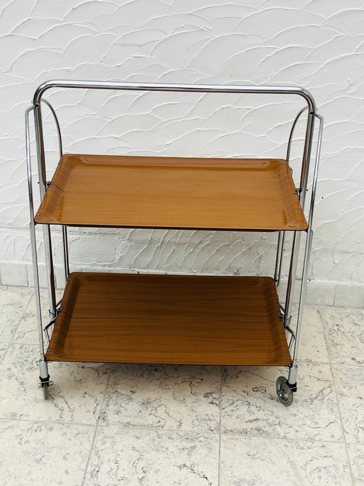 Carrello di servizio pieghevole Bremshey Dinett in cromo vintage e legno – serveerwagens, Chrome