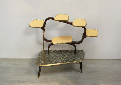 50er 60er Großer Blumenständer Blumen Etagere 6 Ebenen, mit Bugholzrahmen und Resopal, Rockabilly Mid Century Ära