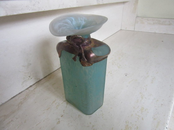 Image 1 of Raku-Vase (Knospenvase), signiert, Studiokeramik, Kunstglas/Metallic