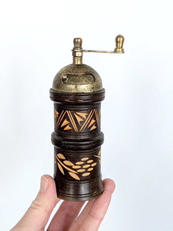 Image 1 of Vintage Folk Art Carved Wooden Pepper Mill Brass Hand Crank Mediterranean Rustic