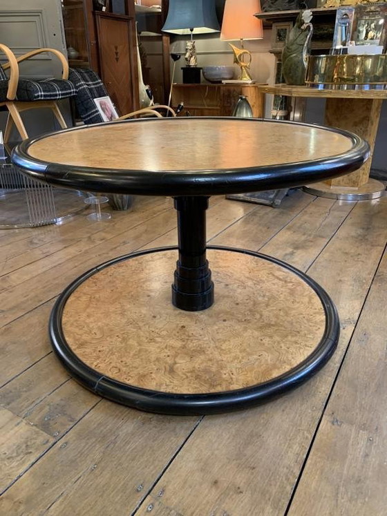 Table basse ronde tournante Art Déco en loupe d'érable et ébène attribuée à De Coene Freres, 1925 (photo 2 of 18)