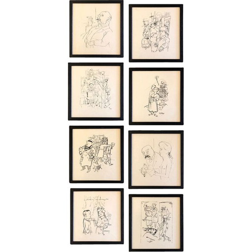 Satz von 8 alten Drucken von George Grosz, Italien 1945