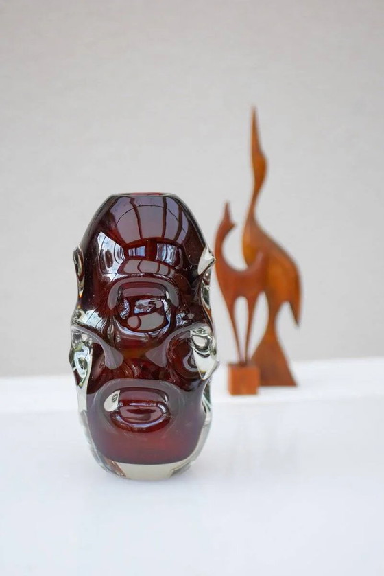 Image 1 of Mid-century modern handmade crystal vase in dark red by Börne Augustsson for Åseda