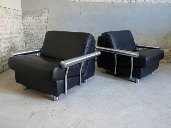 pair of armchairs, black leather & stainless steel, 1990 – Vintage (photo 4 of 14)