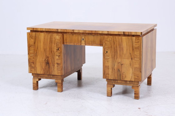 Image 1 of Art Déco desk 1920s original | Antique walnut office desk | Vintage wooden executive desk | #05-18