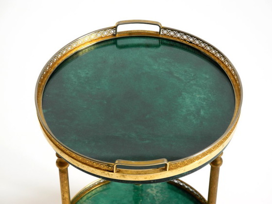 Image 1 of Round, small 1960s Aldo Tura serving or bar trolley in green goatskin leather | Made in Italy