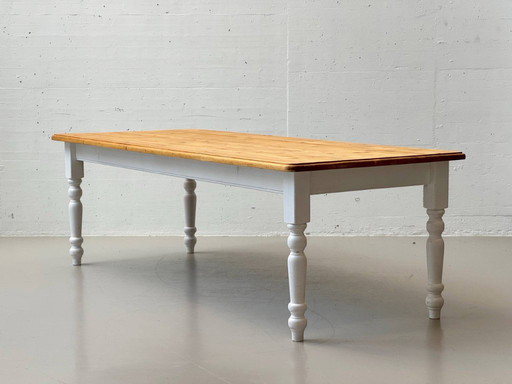 Large country-style dining table, solid wood, white painted, 1980s