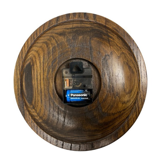 Image 1 of Vintage round oak wall clock carved turned wood retro Germany 1980s.