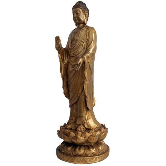 Staande Chinese Vergulde Bronzen Boeddha – Abhaya Mudra – 130 – Beeldhouwkunst (photo 8 of 9)