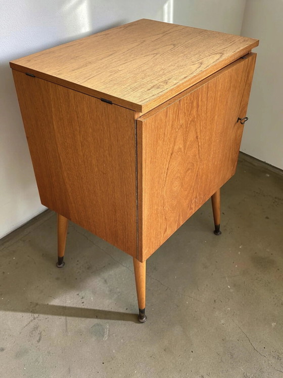 Vintage Sewing Machine Cabinet with Fold-out Top on Slender Legs – Nightstands, Brass, Mid Century Modern (photo 3 of 3)