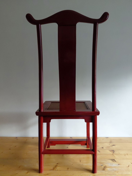 Set di 6 sedie asiatiche stile Ming laccate rosse, Sedie da pranzo, Rattan, Legno, Rosso (foto 3 di 10)