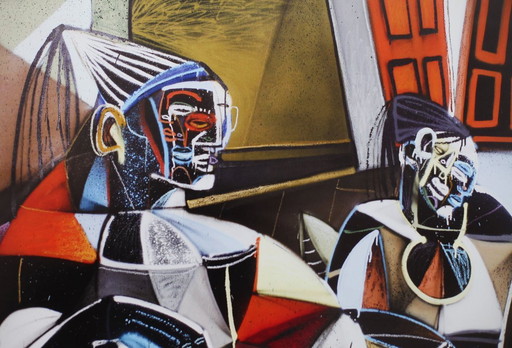 Lithographie d'artiste encadrée - Jone HOPPER - Femmes d'Alger dans leur appartement