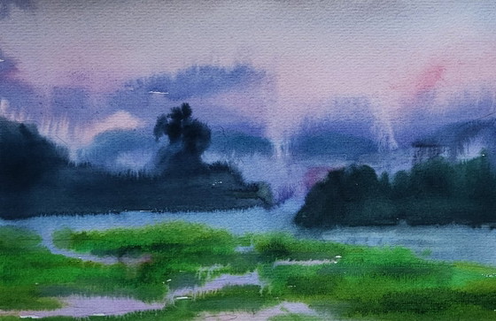 Original Watercolor Painting Nature Landscape Meadow Morning Fog – Paintings & Drawings, Paper (photo 4 of 7)