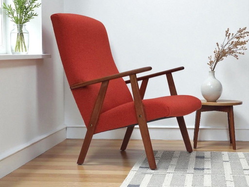 1970er Jahre, dänischer Hochlehnersessel, orangefarbene Möbelwolle, Teakholz, Eichenholz.