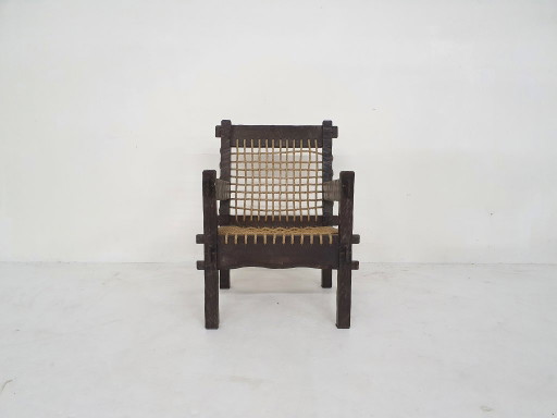 Sillón único de roble macizo y cuerda, Países Bajos, década de 1960. – fauteuils, Cotton, Wood
