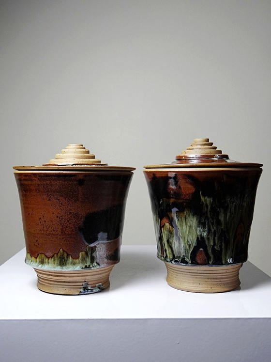 Image 1 of Pair of vintage 80s-90s Japanese-style stoneware pots from Studio Poterie, handcrafted and signed