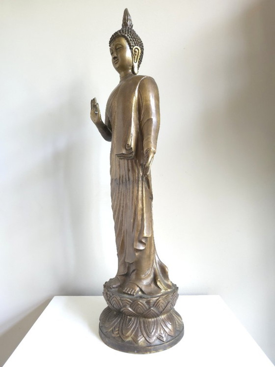 Antique Standing Bronze Thai Buddha (70 cm) – Vitarka Mudra – Sculpture (photo 7 of 9)