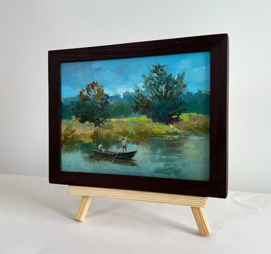 Image 1 of Original Oil Painting Summer Coastal Landscape Two people are sailing on a boat