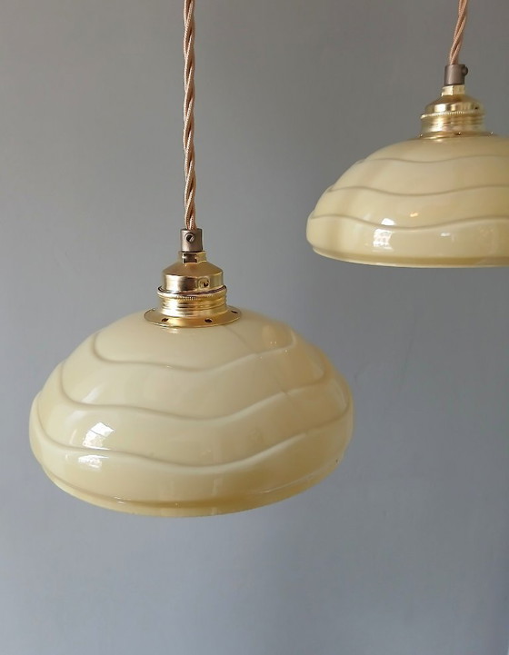 Image 1 of Set (2) Antique ceiling lamps in pastel brown/yellow color.