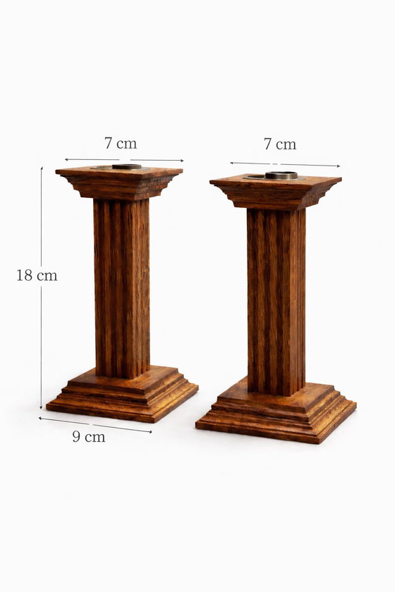 Image 1 of Pair of Dutch Solid Oak Candlesticks by Oisterwijk – Mid-Century Vintage
