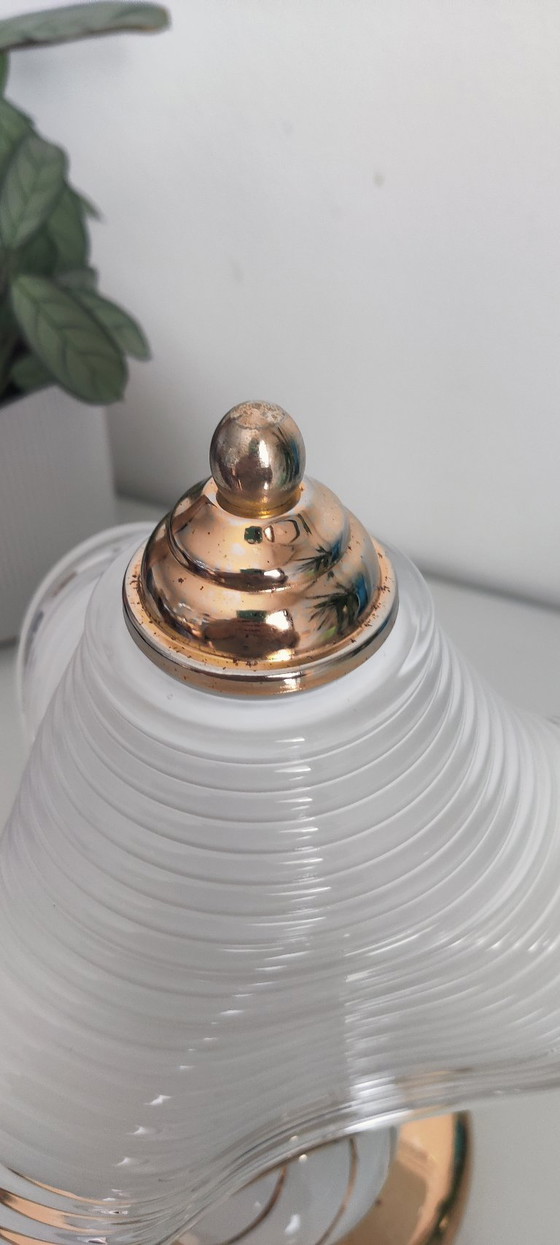 Image 1 of Vintage Hollywood Regency Table Lamps, Set of 2, Wavy Ribbed Opaline Glass, White and Gold Retro Bedside Lighting