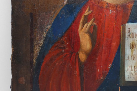 Image 1 of Icono religioso ruso del siglo XIX de Cristo Pantocrátor, pintado a mano sobre madera.