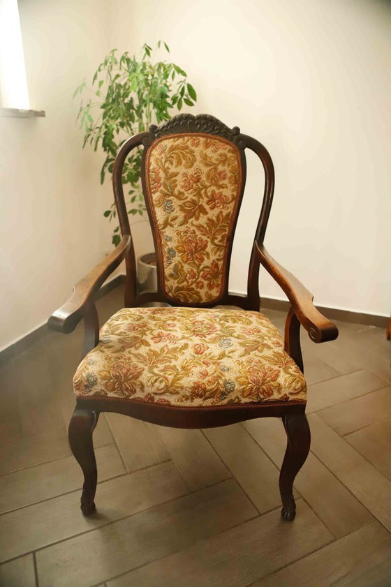 Image 1 of Antique Queen Anne Revival Carver Armchair with Floral Tapestry Upholstery 