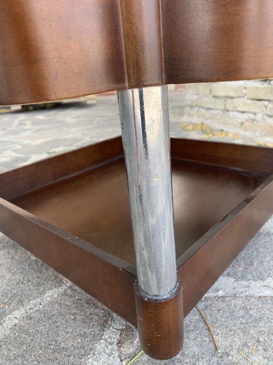 Image 1 of Vintage 1970s Coffee Table - Smoked Glass and Curved Wood with Double Shelf - 66x66x37 cm

