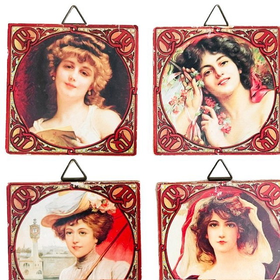 Image 1 of Vintage Art Nouveau set of portraits in the Mucha style, small paintings, 1980s