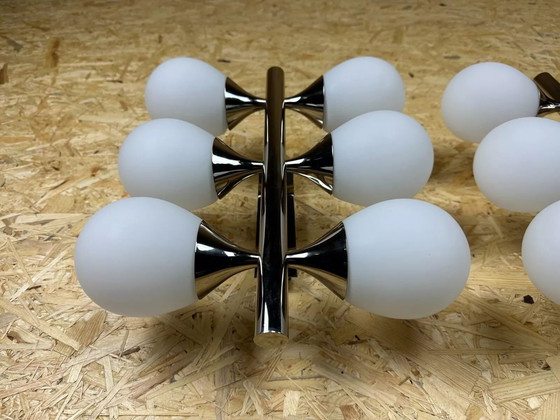 Image 1 of 2x 60s 70s 6-flame Sputnik wall lights from Kaiser Leuchten opal glass