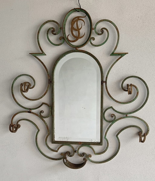 Espejo de recibidor y perchero de hierro forjado estilo Art Déco francés – Valle del Loira, años 30/40