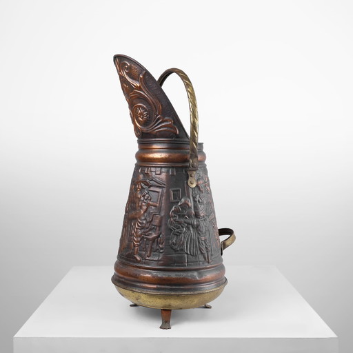 Copper Umbrella Stand With Hammered Relief Of A Medieval Familie Scene, France Ca. 1900