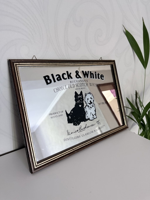 Specchio da bar/pubblicitario in bianco e nero con cornice in legno. – decoratieve objecten, Wood, Glass (photo 2 of 5)