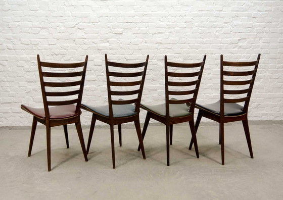 Image 1 of Set of Four ‘Quattro Colori’ Teak and Leatherette Dining Chairs in Style of Cees Braakman. The Netherlands, 1960s.