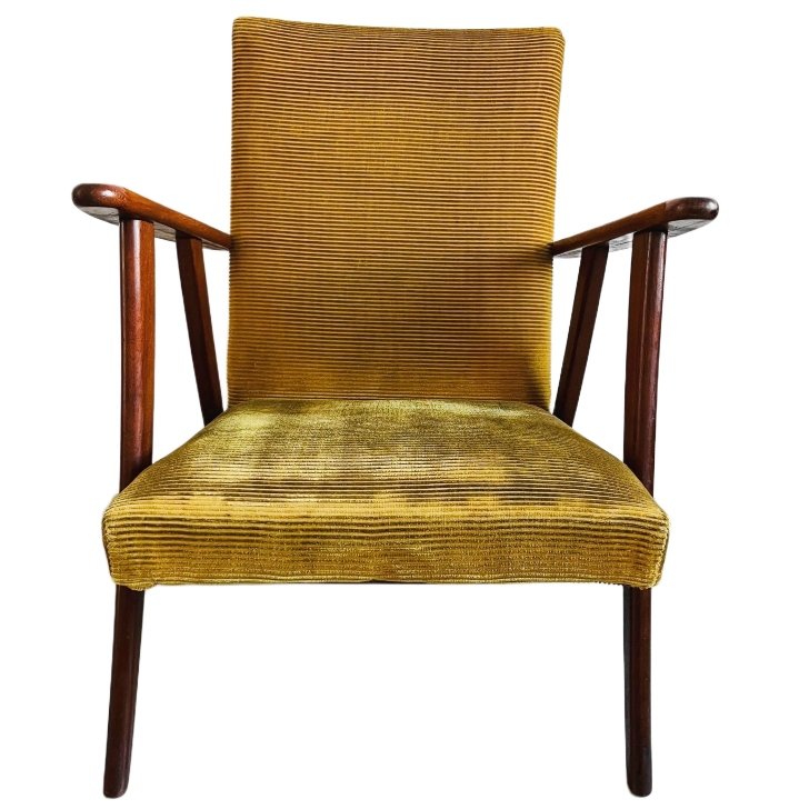 Poltrona scandinava vintage di metà secolo in teak giallo ocra