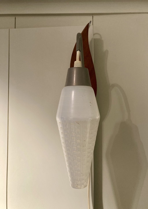 Mid-century wall lamp with pressed glass shade and wooden wall plate