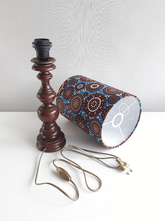 Image 1 of Turned wooden vintage lamp base with handmade lampshade of African wax fabric