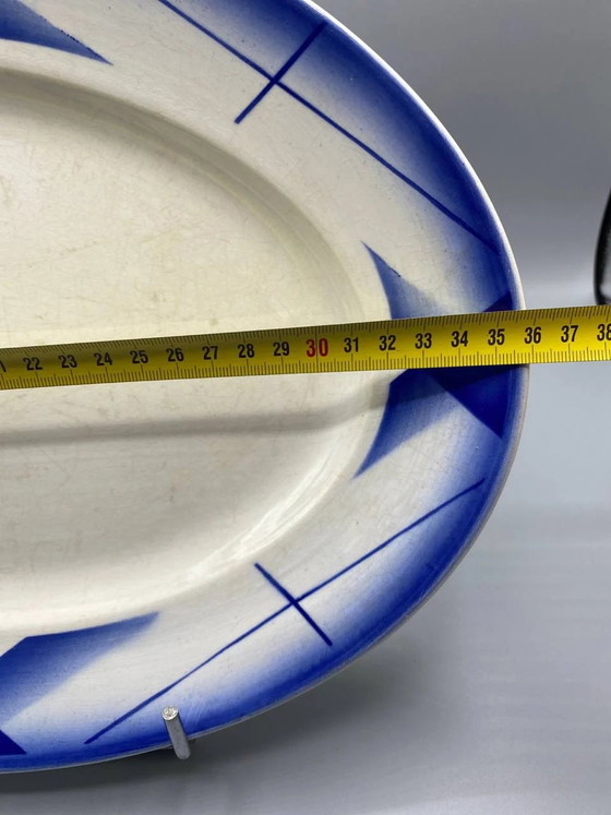 Digoin Sarreguemines Oval Faience Platter, Artix Collection, Cobalt Blue Geometric Design, Art Deco Airbrush (photo 5 of 6)