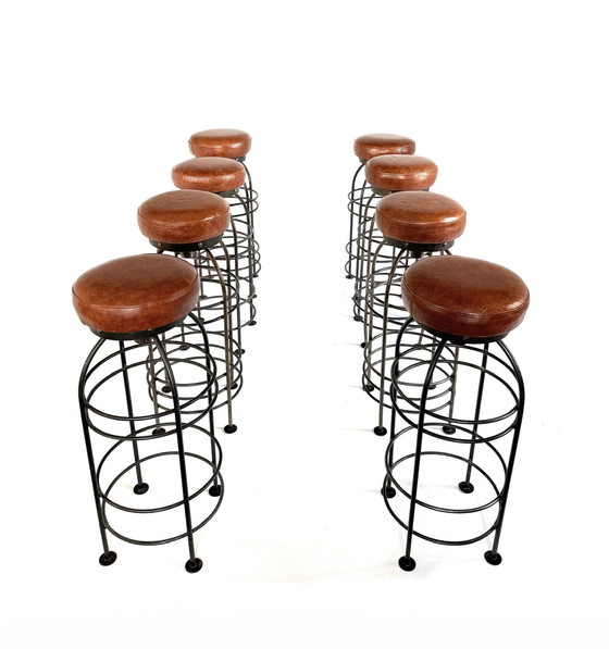 Image 1 of 8x vintage bar stool, wrought iron & leather '80s
